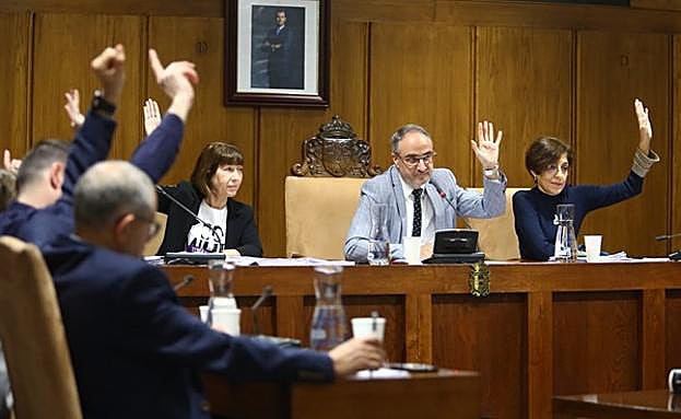 El alcalde de Ponferrada, Olegario Ramón (C), durante la votación de uno de los puntos del pleno ordinario celebrado este viernes.