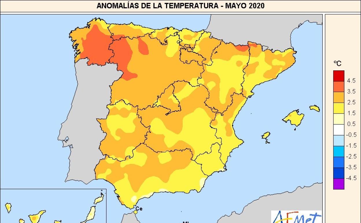 Mapa de las anomalías de la temperatura registradas en mayo.