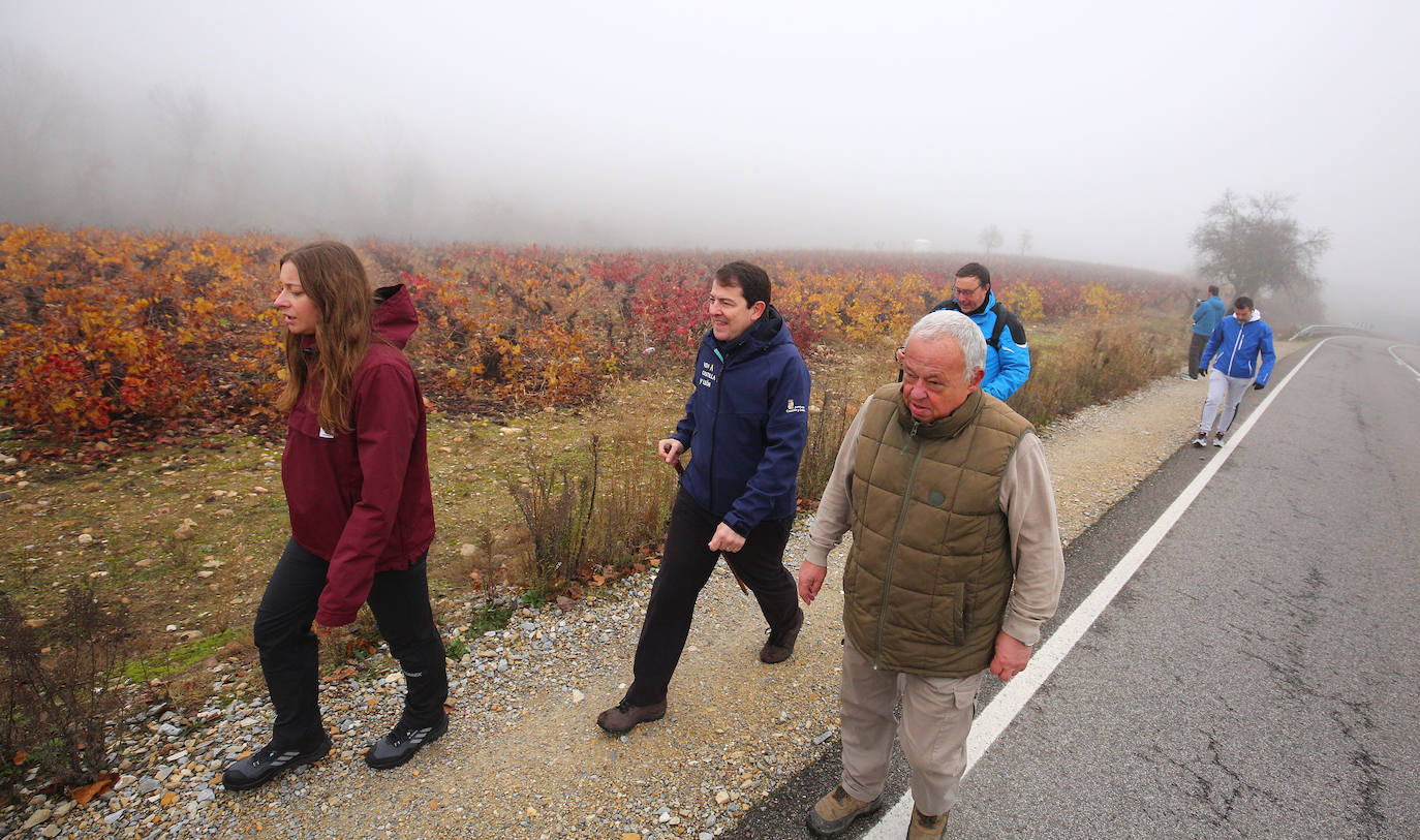 l presidente de la Junta de Castilla y León, Alfonso Fernández Mañueco, durante el comienzo de la etapa del tramo del Camino de Santiago entre Cacabelos y Villafranca del Bierzo 