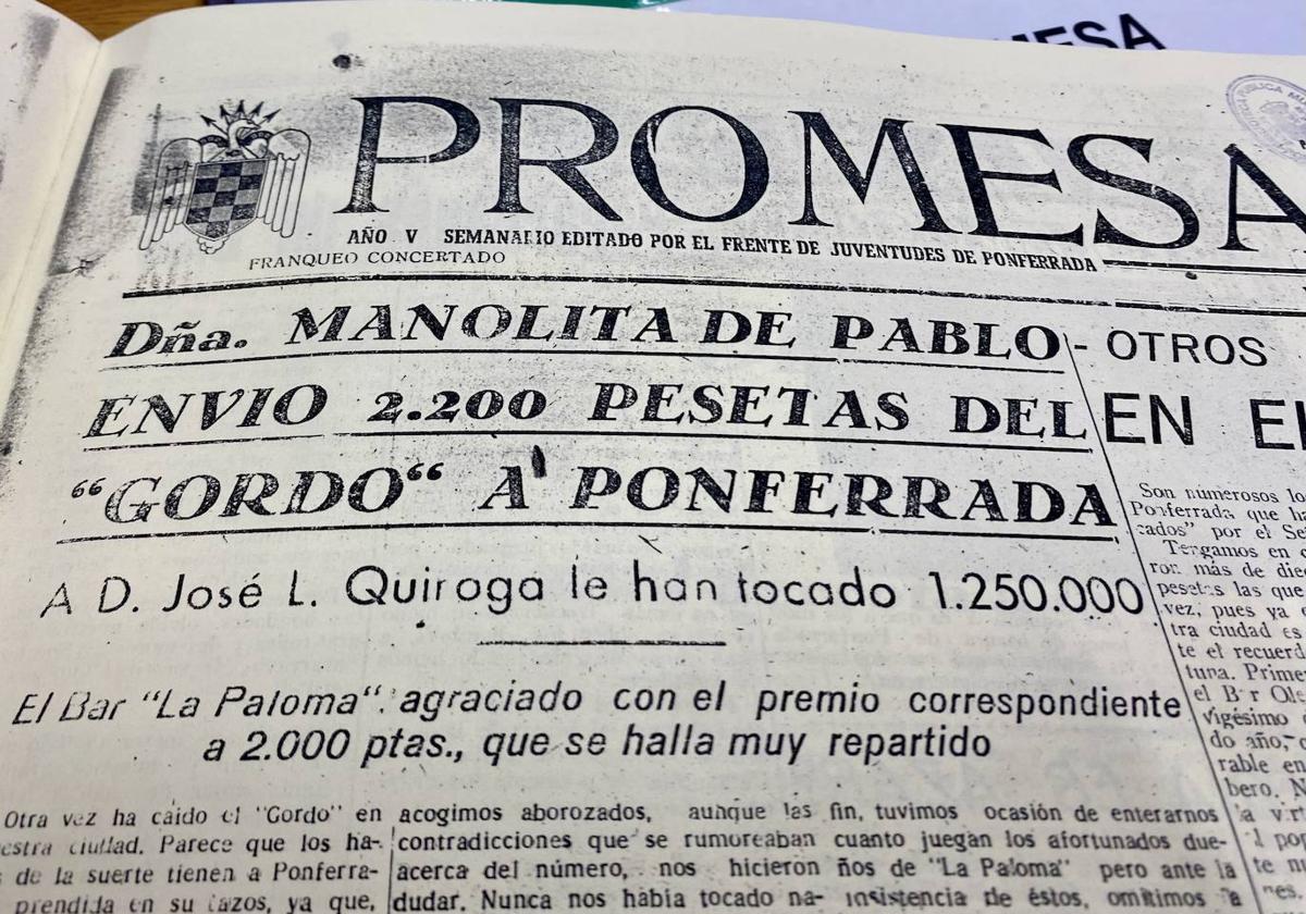 Ejemplar de Promesa, un periódico local activo de 1944 a 1957, informando sobre el Gordo del 48 que se puede consultar en la Biblioteca Municipal.