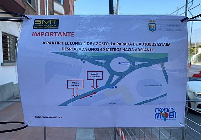 Aviso del cambio de la parada del autobús con motivo de las obras.
