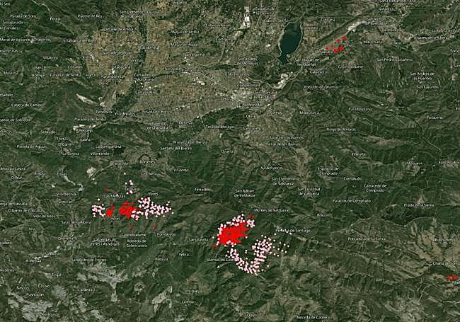 Imagen de la zona afectada por el incendio de Las Médulas y de Llamas de Cabrera.