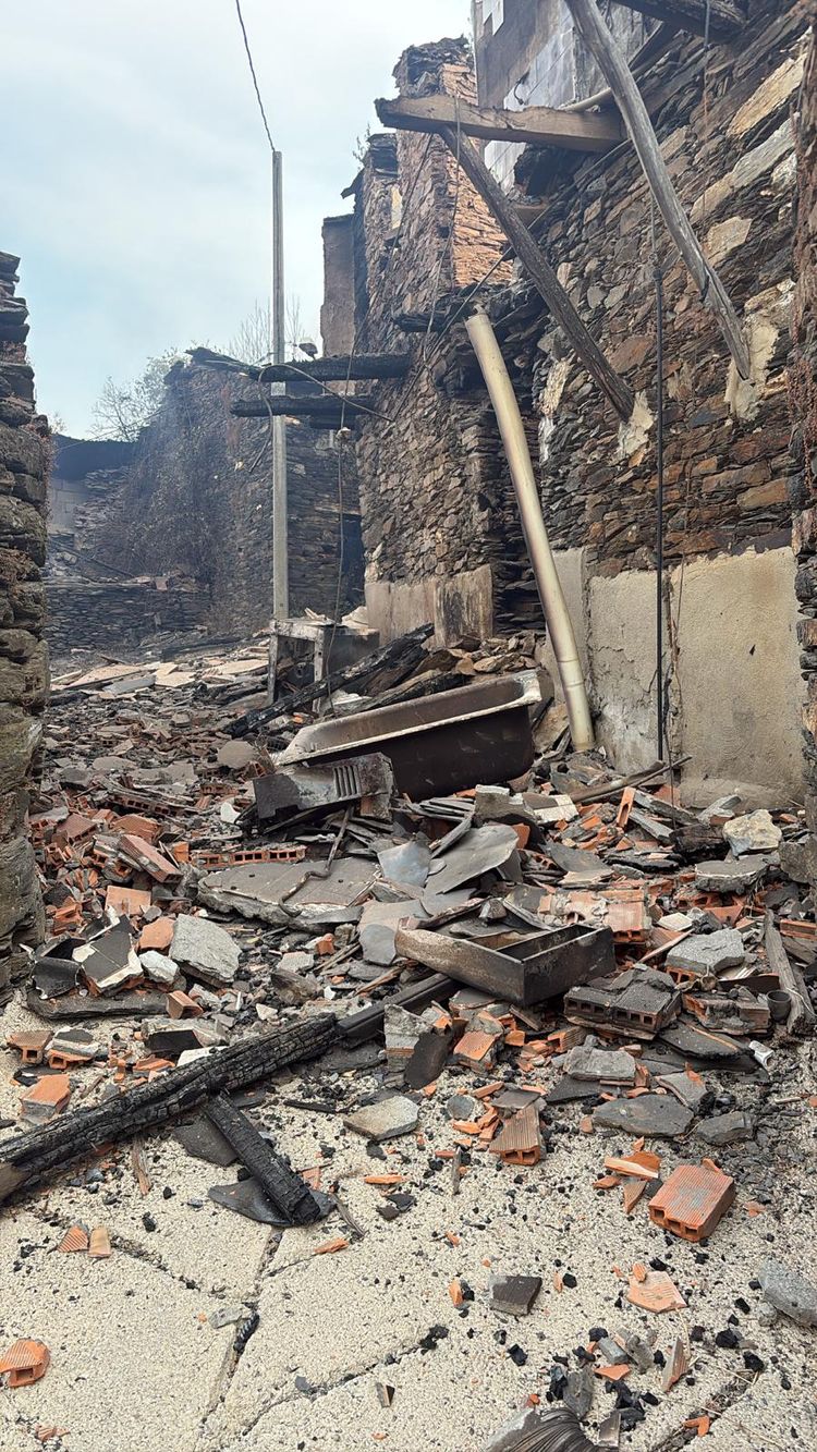 Casas quemadas por el incendio en el pueblo de Lusio.