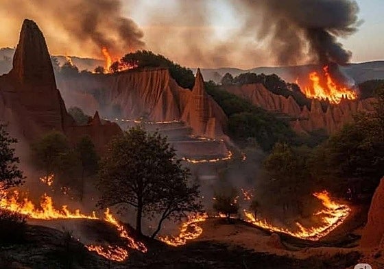 Imagen creada con IA del incendio de Las Médulas que se ha difundido como real en redes sociales.