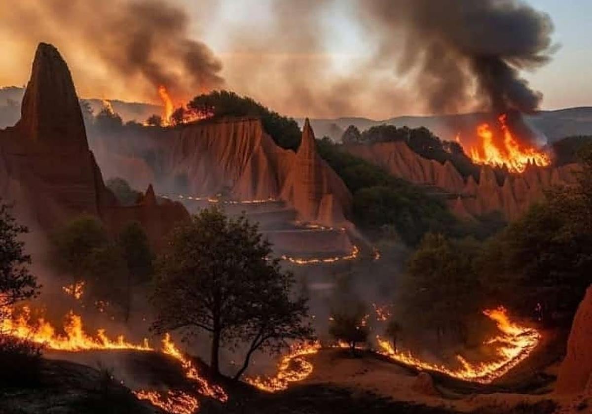 Imagen creada con IA del incendio de Las Médulas que se ha difundido como real en redes sociales.