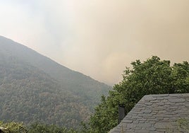 Imagen del intenso humo procedente del fuego de Yeres visto desde el pueblo de Palacios de Compludo.