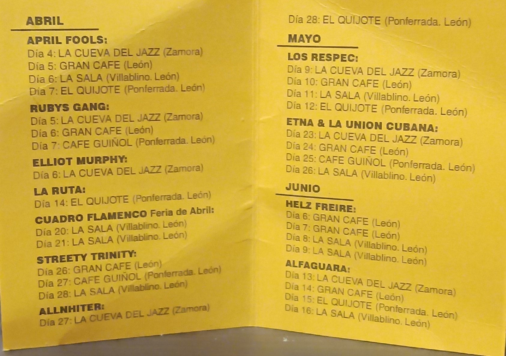 Folleto del año 1995 en el que la Sala Quijote de Cuatrovientos entraba en un circuito musical con otros locales de León y Zamora.