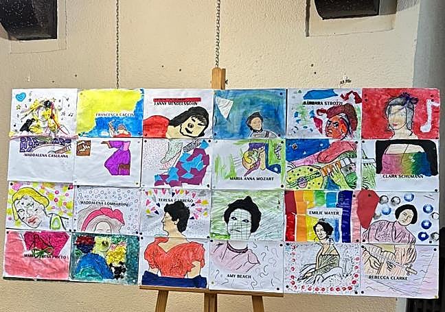 Mural que realizó Lara Fernández junto a sus alumnos sobre distintas compositoras.