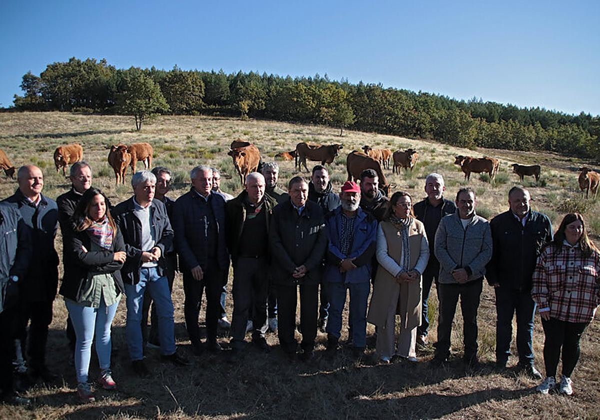 Imagen principal - Visita del ministro a un explotación ganadera afectada por los incendios en Tremo de Arriba.