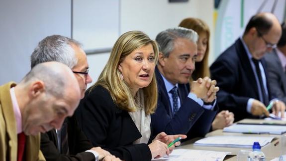 La consejera de Economía y Hacienda, Pilar del Olmo, durante la reunión del Comité de Seguimiento del Plan de Dinamización de los Municipios Mineros que se celebró en Folgoso de la Ribera.