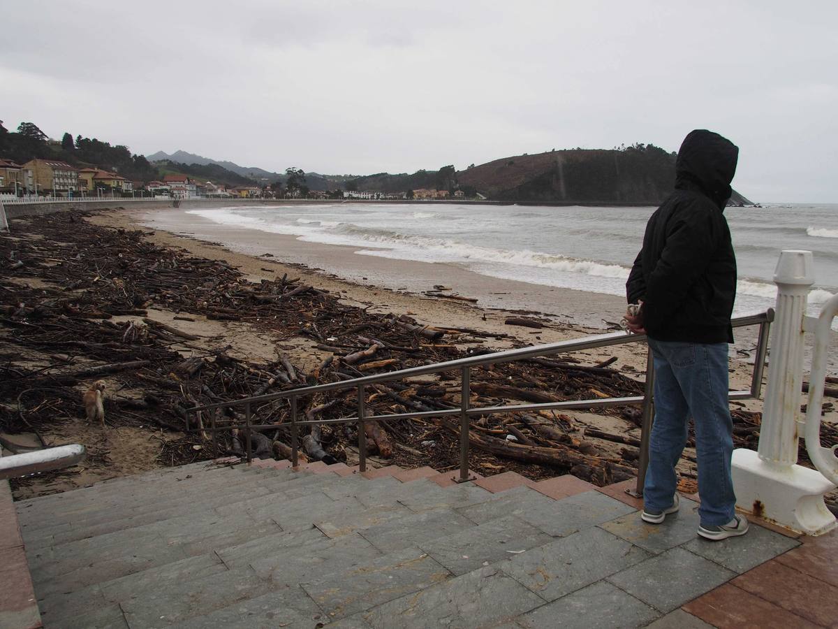 El mar arrastró rastrojos a la orilla de la playa de Santa Marina, en Ribadesella.