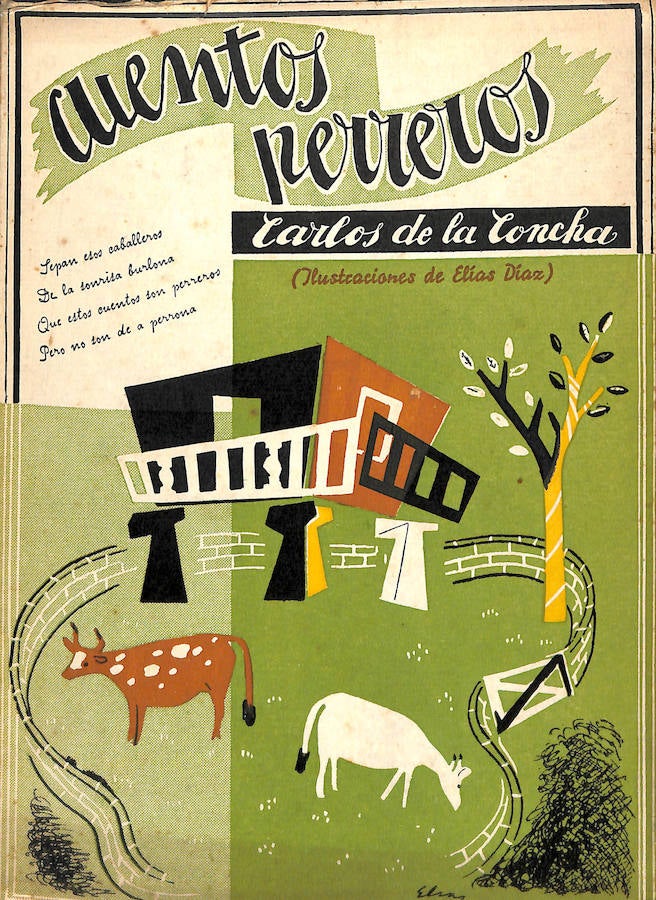 Cubierta del libro Cuentos perreros, de Carlos de la Concha, con ilustración de cubierta de Elías Díaz (Gijón, La Industria, 1953).