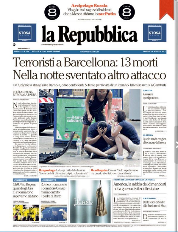 El diario italiano La Repubblica recoge en su portada: «Terroristas en Barcelona: 13 muertos en la noche tras otro ataque»