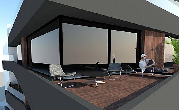 Los edificios cuentan con grandes terrazas de madera de teka, fachada que gira en madera y vídrio. 