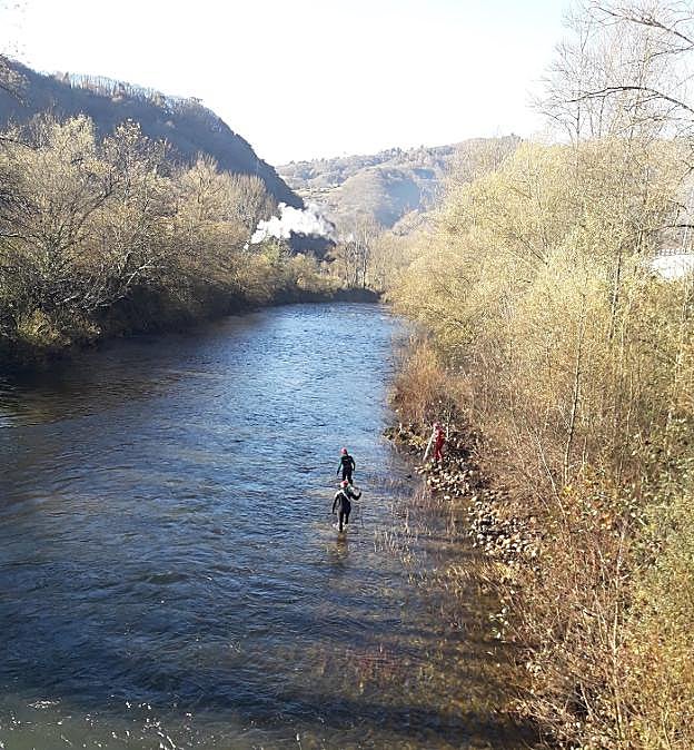 Buzos de la Guardia Civil (GEAS) y de Cruz Roja rastrearon de nuevo el río Nalón aprovechando que había menos caudal. 