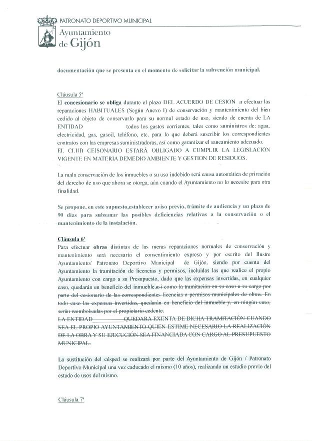 Propuesta de convenio. Documentos con parte del texto enmendado por los clubes de fútbol base a la propuesta municipal. 