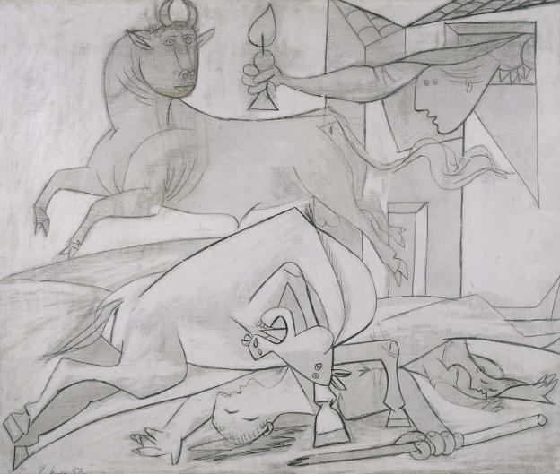 Estudio de composición (V). Boceto para 'Guernica'. Debajo, tres de los 42 dibujos preparatorios que se mostrarán desde el domingo en Gijón.