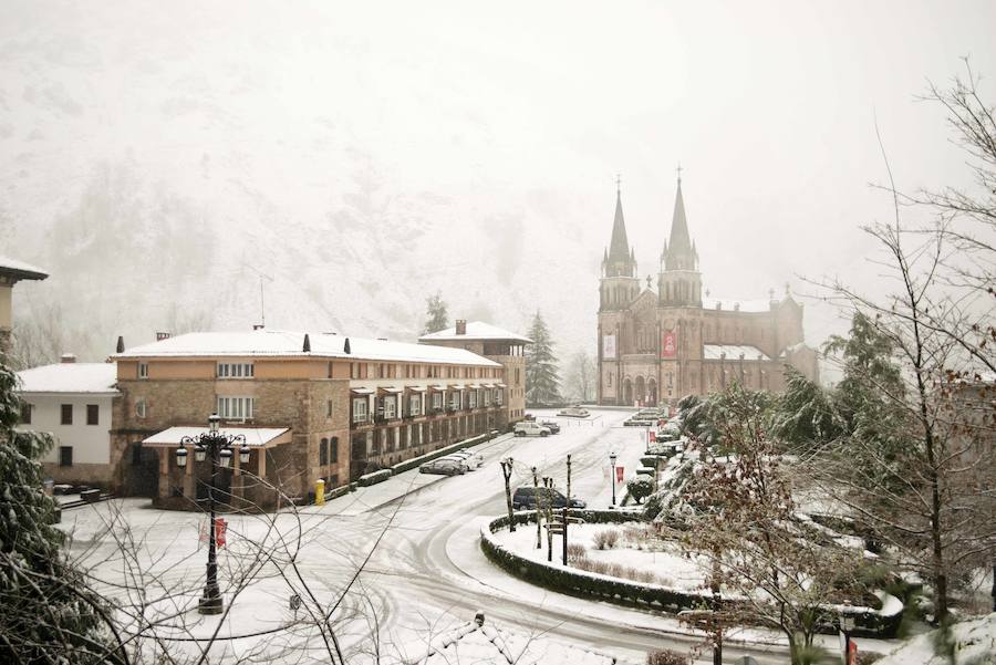 El Real Sitio de Covadonga luce una imagen totalmente invernal. Un manto blanco cubre todo el entorno dejando estas imágenes