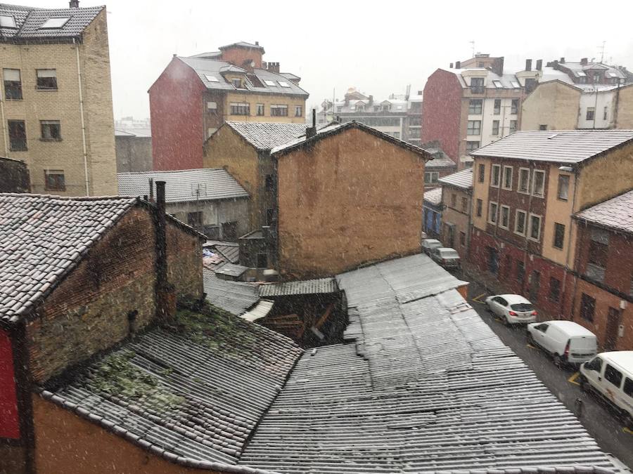 Los Valles Mineros siguen cubiertos de blanco. Localidades como Figaredo, en Mieres, o La Felguera, en Langreo, han registrado esta mañana intensas precipitaciones en forma de nieve.