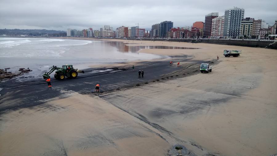 Operarios de Emulsa han iniciado las labores de limpieza de la mancha de carbón aparecida este domingo en la playa de San Lorenzo.
