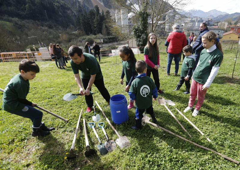 Decenas de alumnos de Primaria de Oviedo han participado en una plantación de árboles enmarcada en una jornada de sensibilización ambiental organizada por la corporación Masaveu. Los árboles, todos de especies autóctonos, repoblarán un terreno próximo a la fábrica de cemento. En la actividad han participado Alicia Castro Masaveu y el alcalde de Oviedo, Wenceslao López.