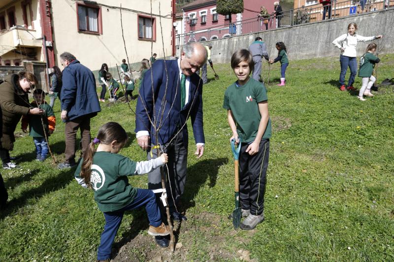 Decenas de alumnos de Primaria de Oviedo han participado en una plantación de árboles enmarcada en una jornada de sensibilización ambiental organizada por la corporación Masaveu. Los árboles, todos de especies autóctonos, repoblarán un terreno próximo a la fábrica de cemento. En la actividad han participado Alicia Castro Masaveu y el alcalde de Oviedo, Wenceslao López.