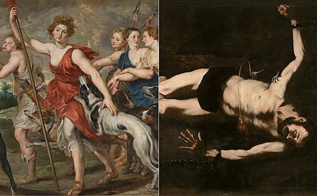 A la izquierda, ‘Diana cazadora’. Rubens. Siglo XVII; a la derecha, ‘Ticio’. José de Ribera. Siglo XVII 