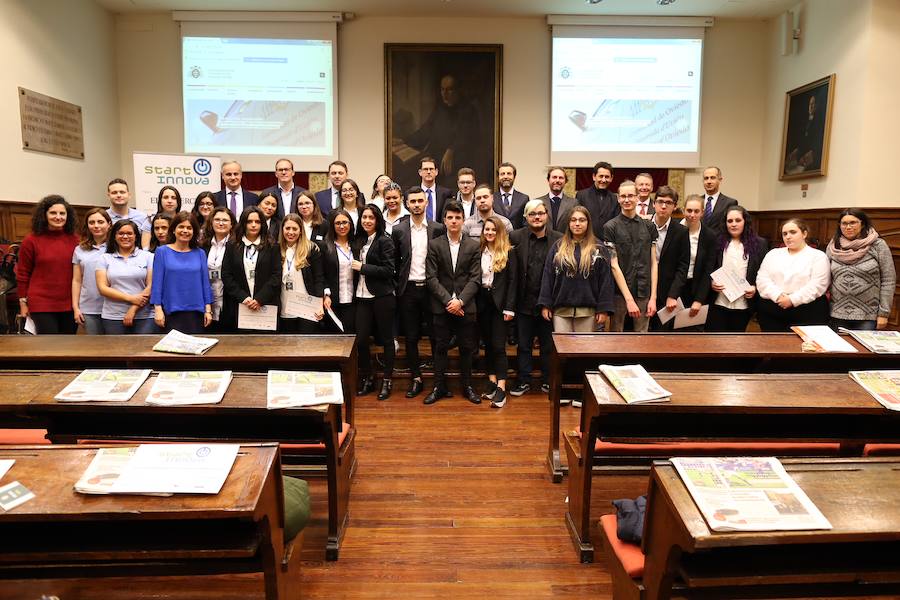 Medio centenar de estudiantes asturianos se han clasificado para la gran final de STARTinnova, el programa de fomento de la cultura emprendedora que promueve EL COMERCIO. Organizados en cinco equipos, han presentado sus proyectos ante un jurado de expertos en el Aula Magna del Edificio Histórico de la Universidad de Oviedo