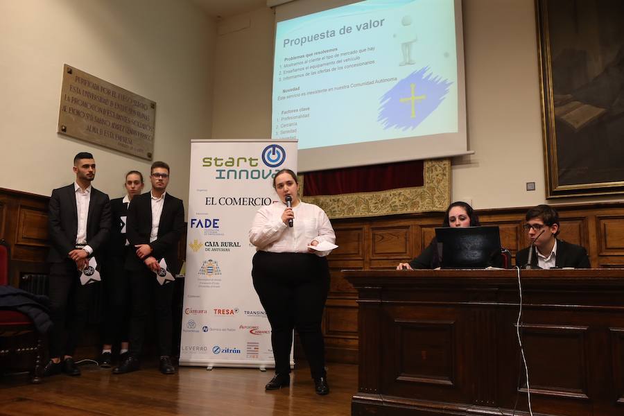 Medio centenar de estudiantes asturianos se han clasificado para la gran final de STARTinnova, el programa de fomento de la cultura emprendedora que promueve EL COMERCIO. Organizados en cinco equipos, han presentado sus proyectos ante un jurado de expertos en el Aula Magna del Edificio Histórico de la Universidad de Oviedo