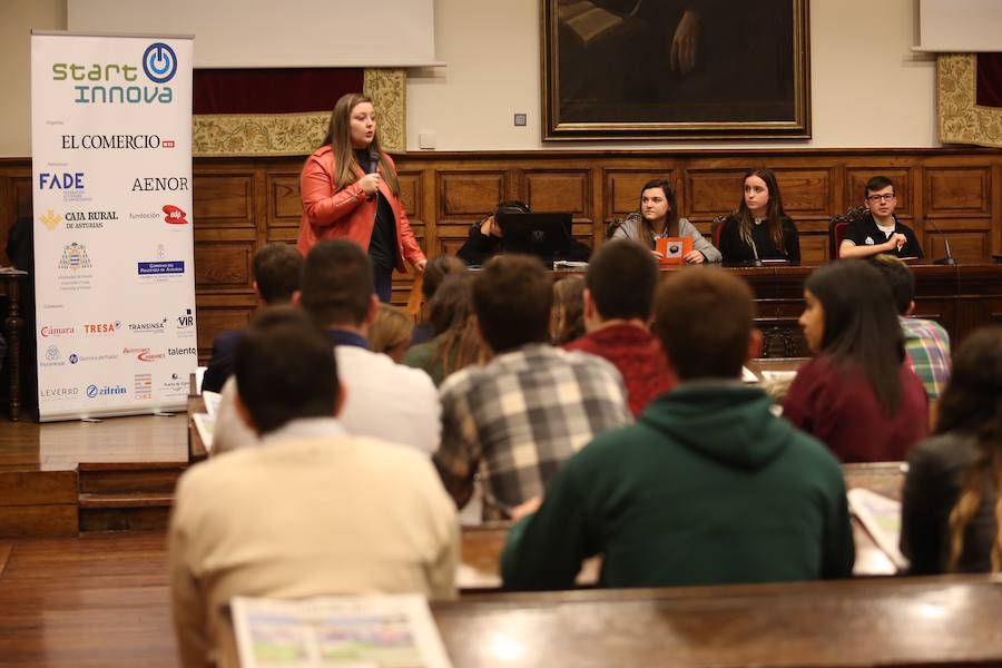 Medio centenar de estudiantes asturianos se han clasificado para la gran final de STARTinnova, el programa de fomento de la cultura emprendedora que promueve EL COMERCIO. Organizados en cinco equipos, han presentado sus proyectos ante un jurado de expertos en el Aula Magna del Edificio Histórico de la Universidad de Oviedo.