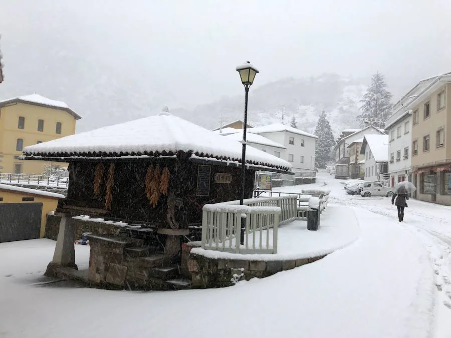 A pocas horas para la llegada de la primavera, gran parte de Asturias está cubierta por un manto blanco. La nieve complica la circulación en muchas carreteras. Incluso en la autopista del Huerna, que ha estado cerrada a camiones durante varias horas.