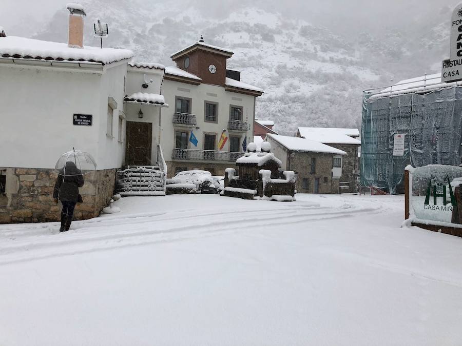 A pocas horas para la llegada de la primavera, gran parte de Asturias está cubierta por un manto blanco. La nieve complica la circulación en muchas carreteras. Incluso en la autopista del Huerna, que ha estado cerrada a camiones durante varias horas.