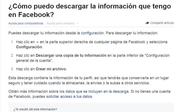 Pantalla para descargar tu información, antes de eliminar definitivamente la cuenta de Facebook.