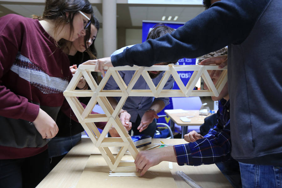 Diez grupos de alumnos tuvieron que construir su grúa con 300 palillos de médico, seis barras de silicona para unirlos, y una lámina de madera destinada a actuar como base. El equipo ‘Los Panoyus’ resultó ganador tras soportar su estructura una carga de 24,1 kilos. 