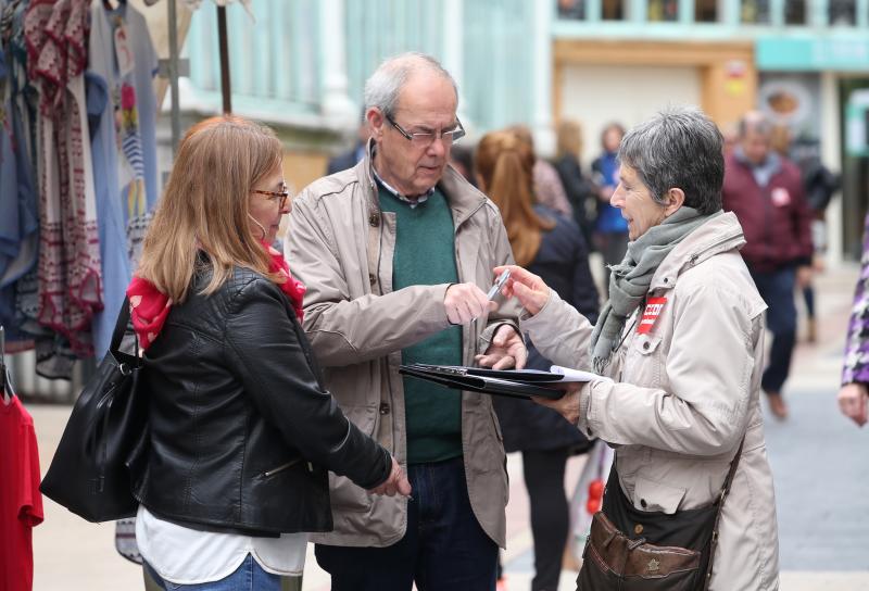 Miembros de los sindicatos UGT y CC OO han recogido firmas en el centro de Oviedo en defensa del sistema público de pensiones.