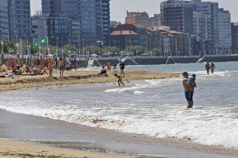 La playa de San Lorenzo llegará «en perfecto estado» al fin de semana, anticipa el Ayuntamiento, que ayer izó las banderas verde y amarilla