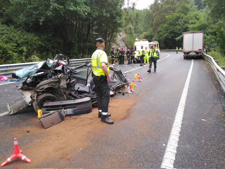 El suceso se produjo en la N-640 al colisionar un turismo con un camión. 