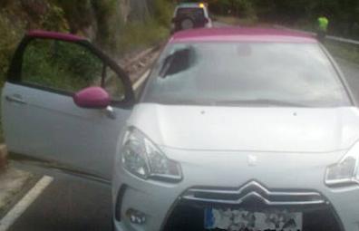 Imagen secundaria 1 - Una gran piedra atraviesa la luna del coche de una mujer cuando circulaba por Amieva
