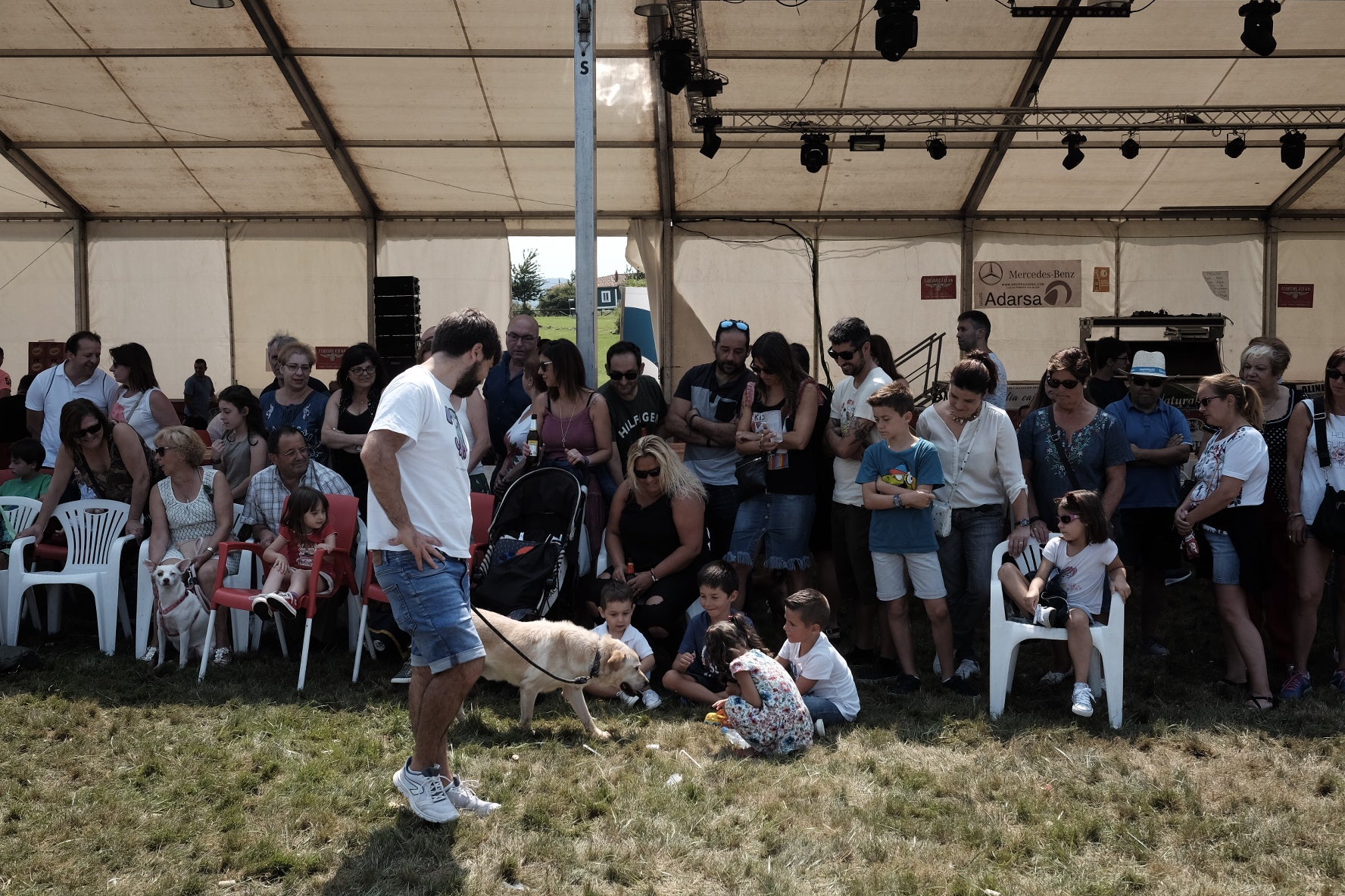 19 perros, del albergue de Serín, con pañuelo rojo sobre el cuello, a los que se busca un hogar, desfilaron por el recinto habilitado en Los Pericones, donde el barrio de Contrueces celebra su fiesta