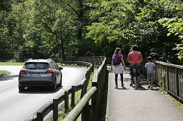 Un grupo de peatones, caminando por la senda junto a la AS-262 en las proximidades del Real Sitio. 