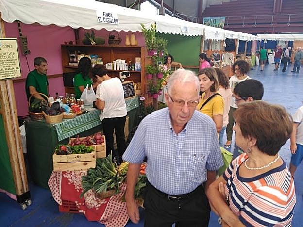 Varios visitantes, en la feria ecológica de Vegadeo. 