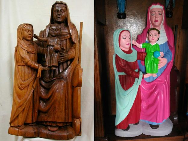 El antes y el después de la talla de Santa Ana, patrona del pueblo, con la Virgen y el Niño. 