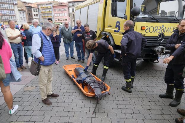 La retirada del cuerpo del cetáceo fue seguida con expectación en el puerto de Llanes. 