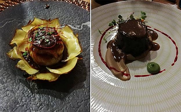 Alcachofa a la brasa, jugo de buey y espuma de patata (izquierda) y royal de jabalí y boletus con su jugo y foie.