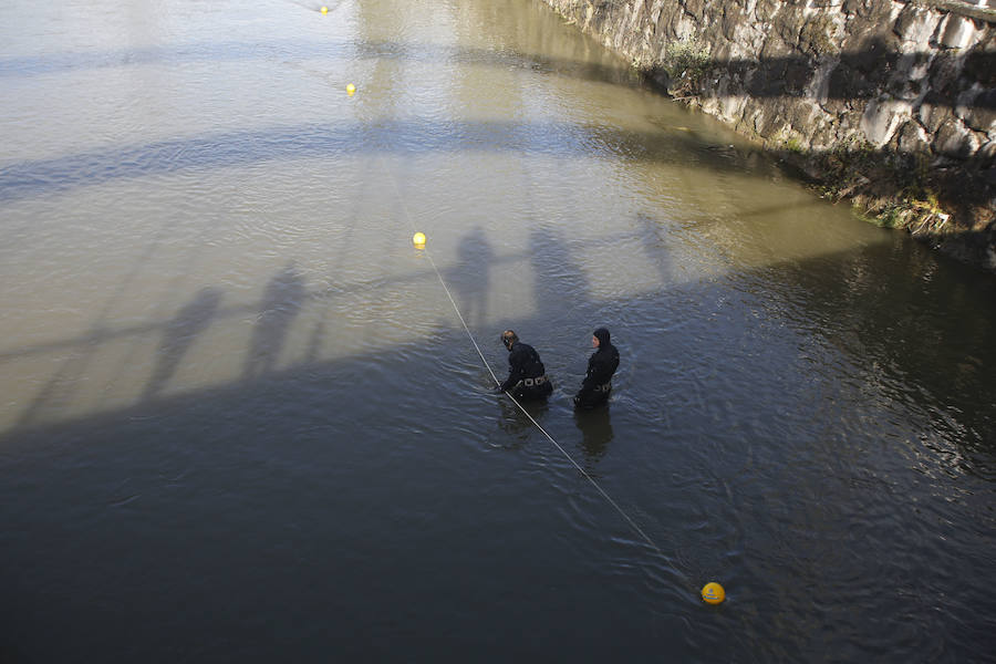 Buzos de la Policía, provistos de un detector de metales, han continuado con las labores de rastreo en el río Nalón para dar con el arma que acabó con la vida del joven de La Felguera Iván Castro. El hermano de la víctima ha seguido los trabajos