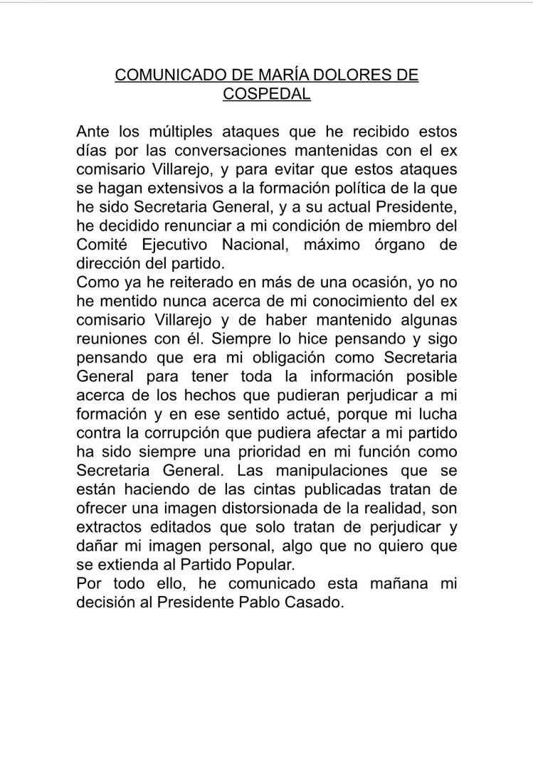 Comunicado de María Dolores de Cospedal.