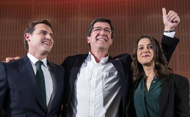 Albert Rivera, Juan Marín e Inés Arrimadas, tras conocerse los resultados de las elecciones andaluzas.