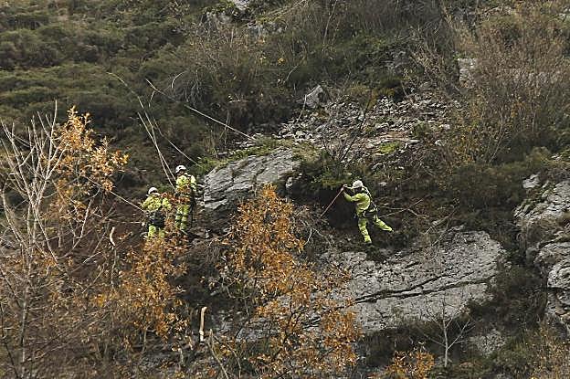 Operarios de Adif asegurados con cuerdas alcanzan la roca de mayores dimensiones que está ladera arriba y amenaza con caer. 
