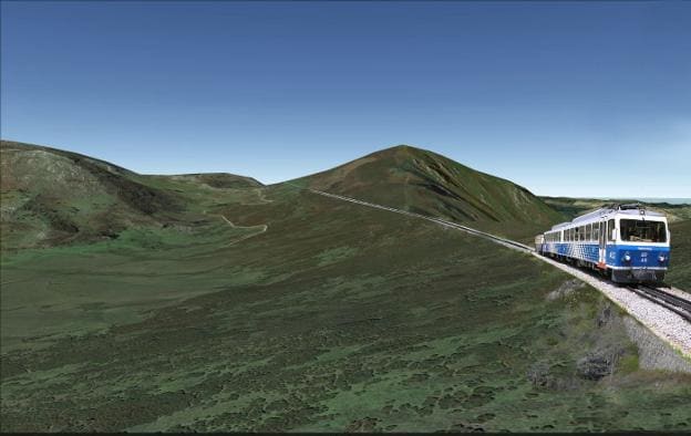 Diseño de lo que sería el tren cremallera a los Lagos de Covadonga a su paso por la vega de Comeya. 