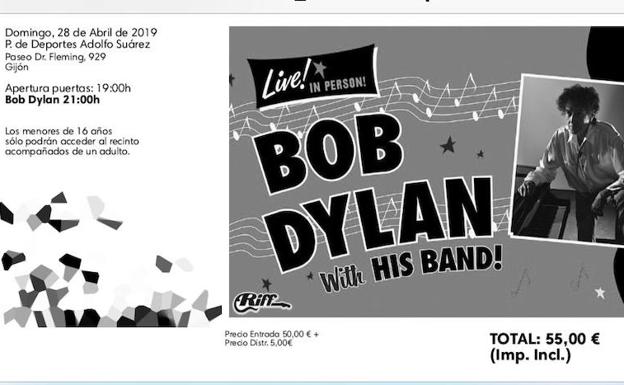 Aspecto de la entrada para el concierto de Bob Dylan en Gijón.